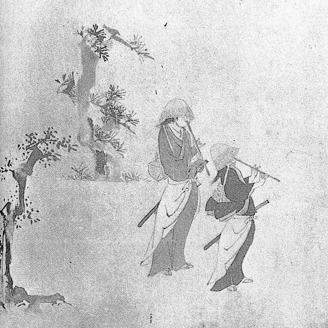 Picture of two komosō with swords, detail