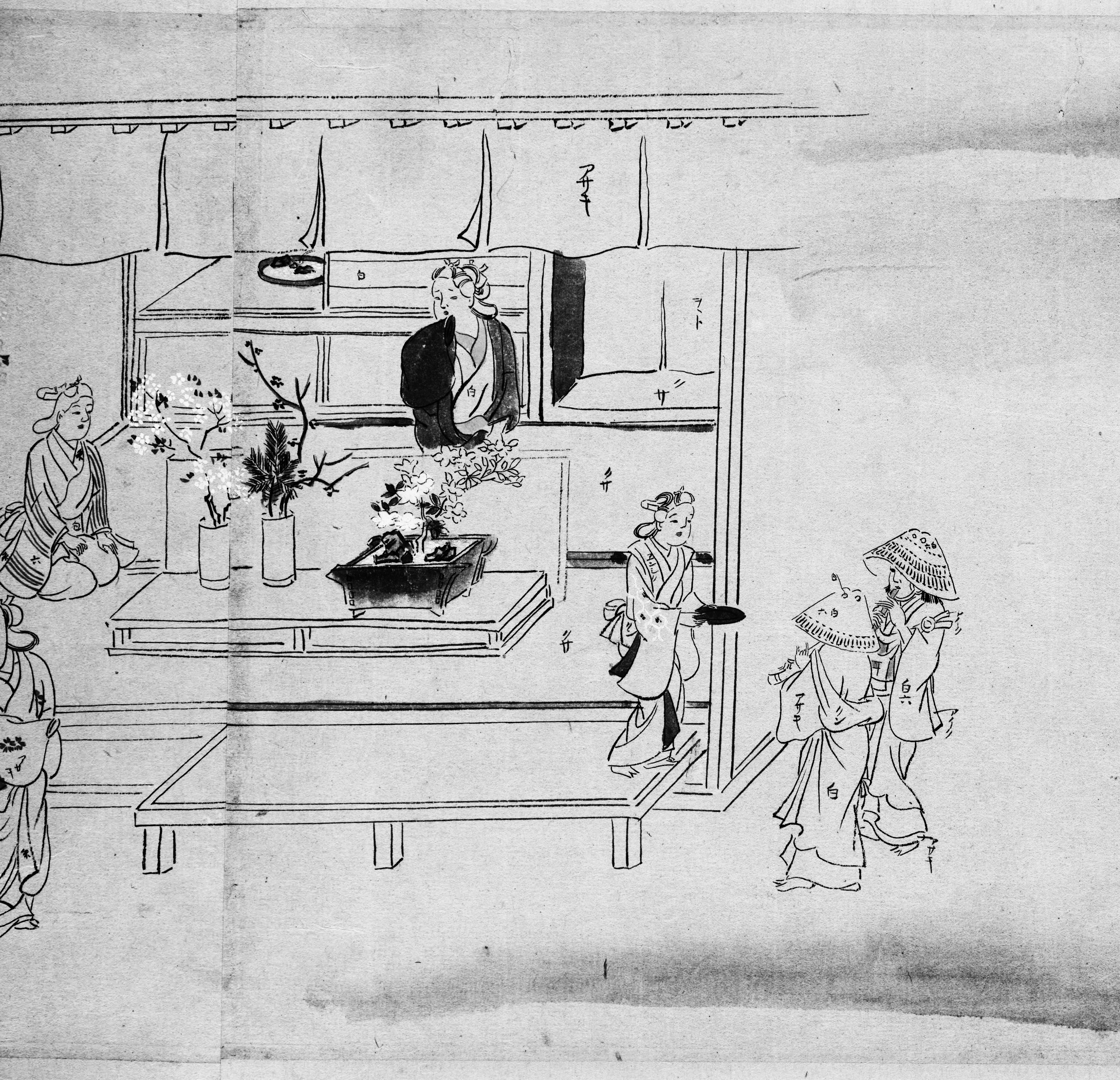 Two komusō receiving alms in the picture scroll 'Shokunin tsukushi waga'