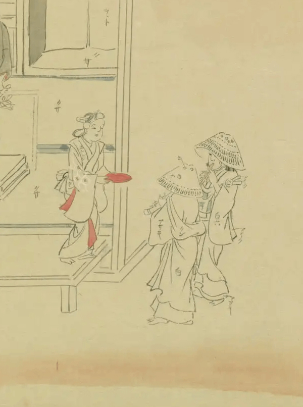 Two komusō receiving alms in the picture scroll 'Shokunin tsukushi waga'