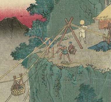 Ukiyo-e by Utagawa Hiroshige, 1853: Komusō waiting to be ferried over the abyss.